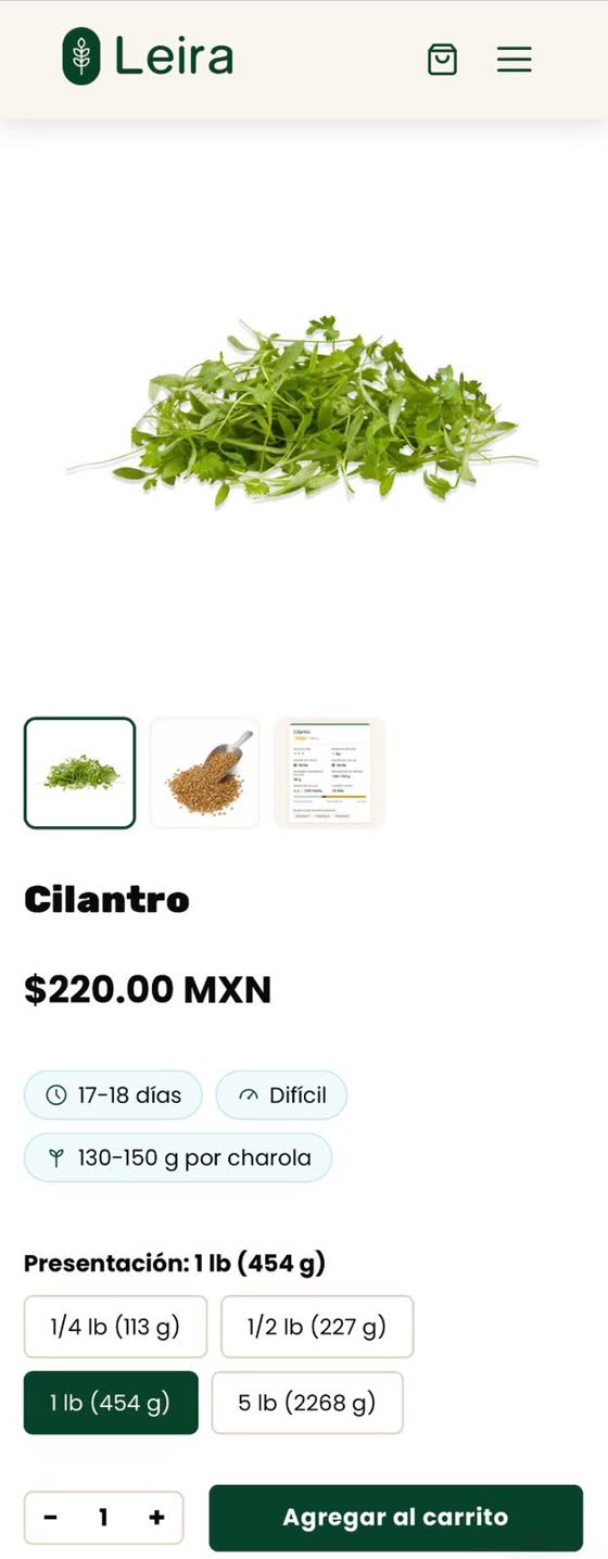 Vista previa de la tienda: la página del producto Cilantro, con sus presentaciones, el precio y los datos de cultivo.
