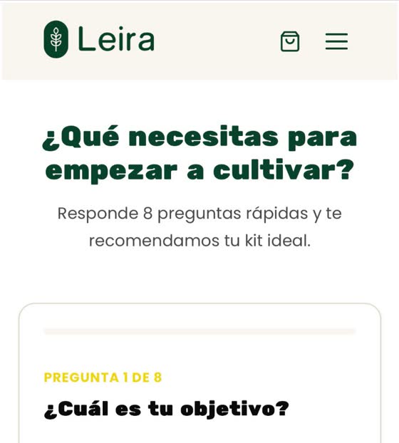 Vista previa de la tienda: el cuestionario que recomienda un kit de cultivo según lo que buscas.